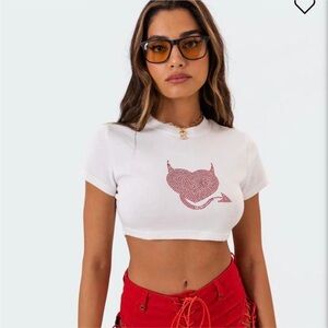*NWT Edikted Crop Top Rhinestone Red Devil Graphic Streetwear Women’s L